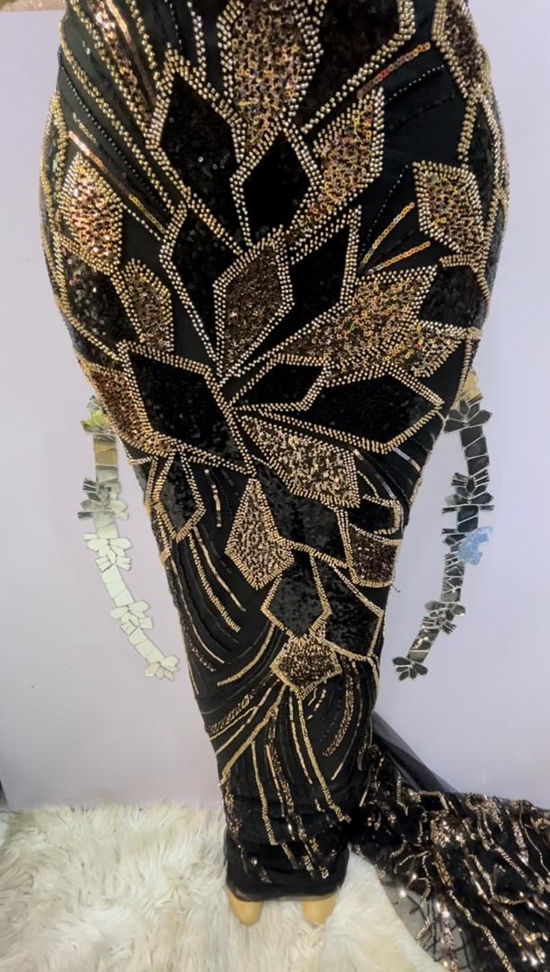 Ayo Black Beaded Lace Fabric - 5 Yards