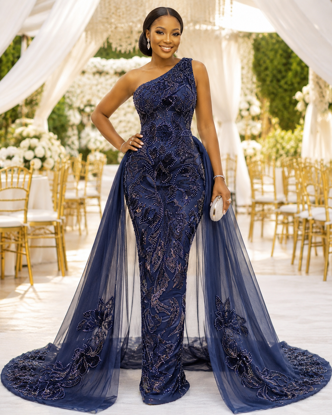 Temilola Navy Blue Embellished Lace Fabric – 5 Yards