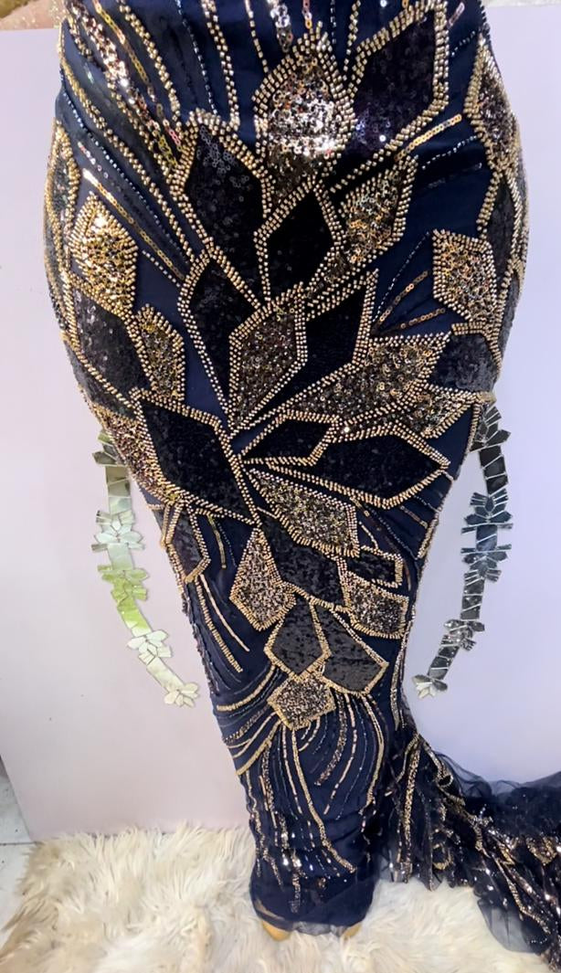 Navy beaded african lace fabric for aso ebi wedding