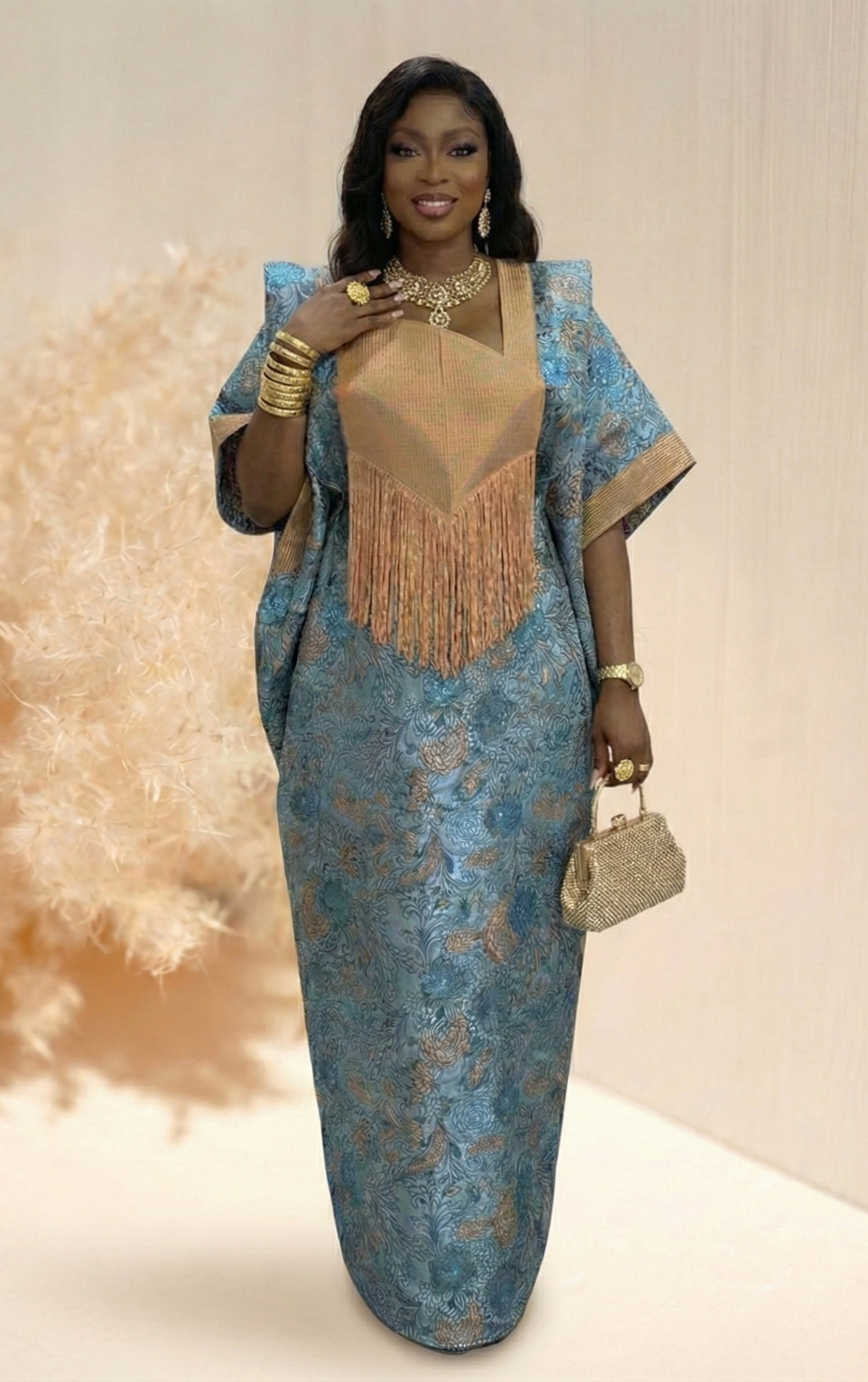 Boubou Luxe Amara Pêche Doré et Bleu