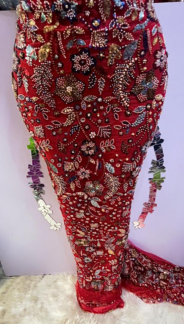 Red Multi-Tone Luxury Hand-Beaded Fabric- 5 yards