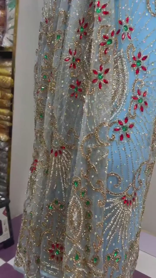 Light Blue Crystal Embellished Luxe George Fabric - 5 Yards