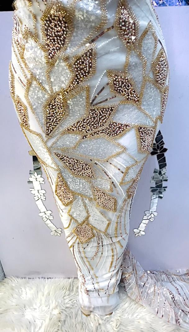 Ivory white & gold beaded african lace fabric for aso ebi wedding