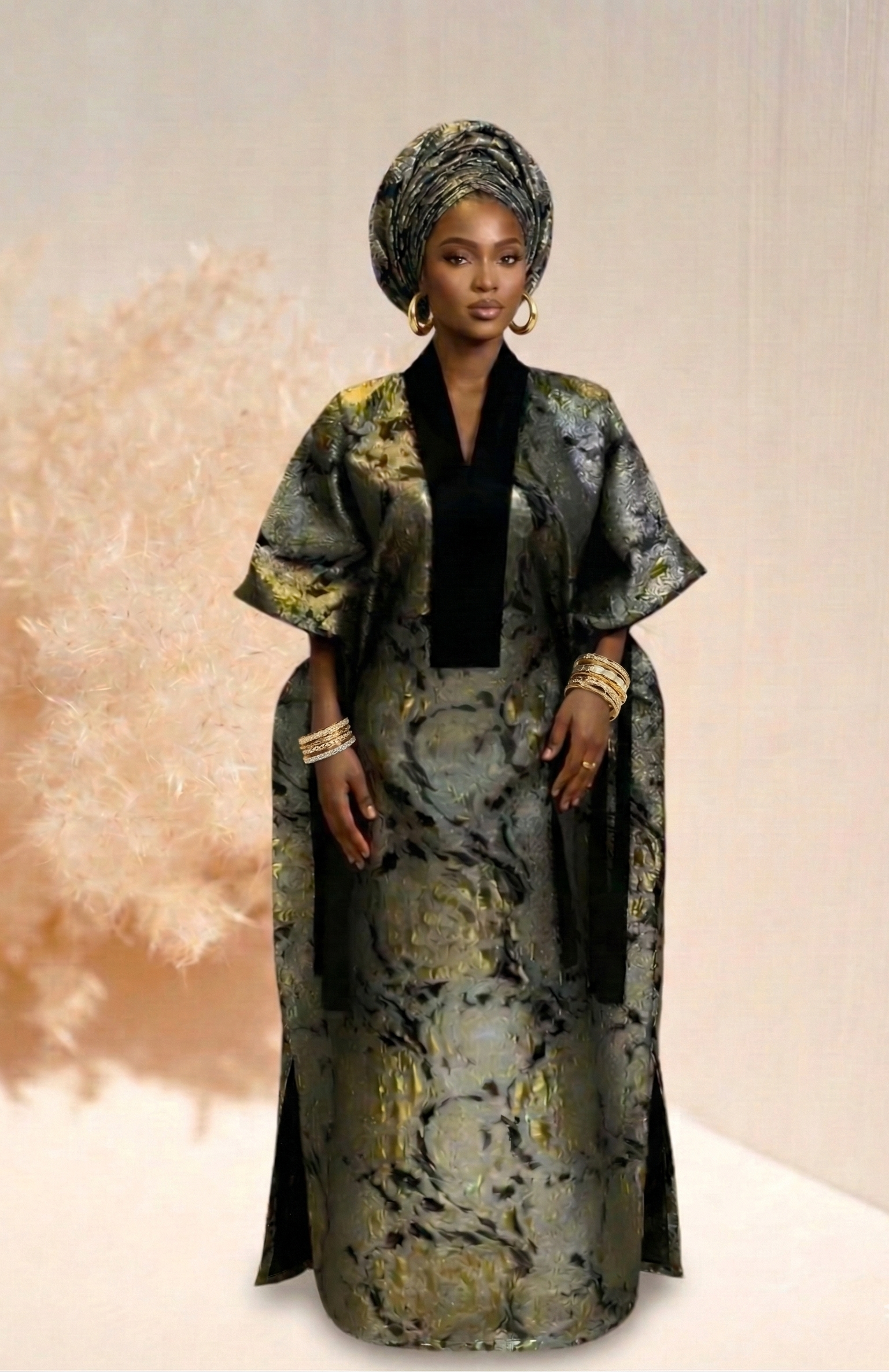 Woman wearing a traditional outfit with a patterned dress and headwrap on a neutral background