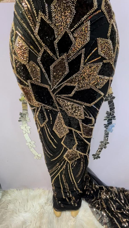 Ayo Black Beaded Lace Fabric - 5 Yards