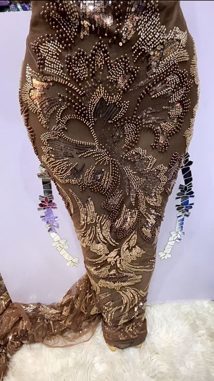 Temilola Chocolate Brown & Gold Embellished Lace Fabric - 5 Yards