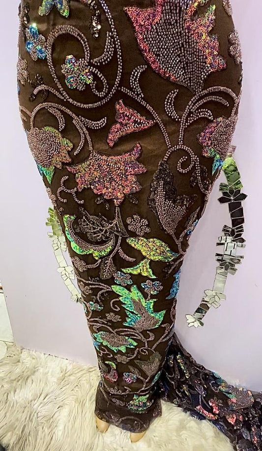 Brown Floral Beaded Lace - 5 Yards