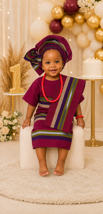 Temilade Burgundy Aso Oke Girls' Set