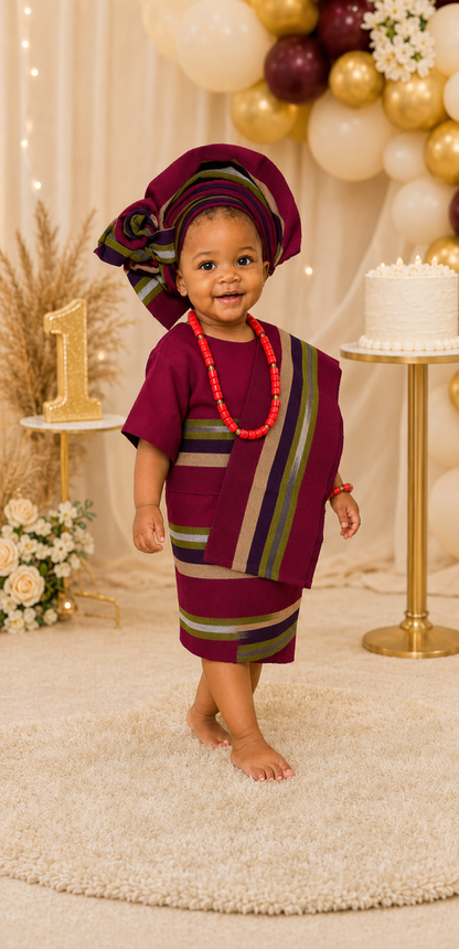 Temilade Burgundy Aso Oke Girls' Set