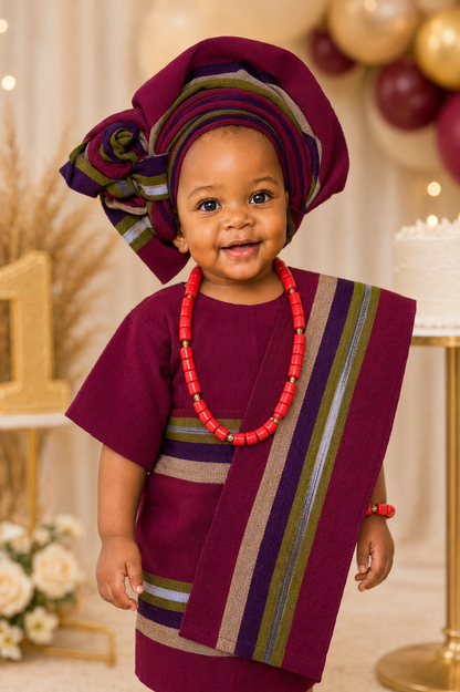 Temilade Burgundy Aso Oke Girls' Set