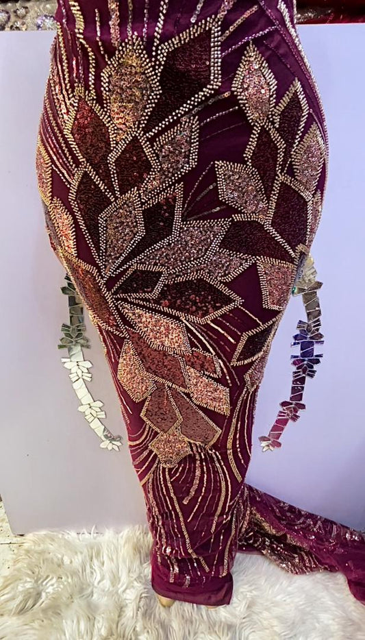 Ayo Burgundy Beaded Lace Fabric - 5 Yards