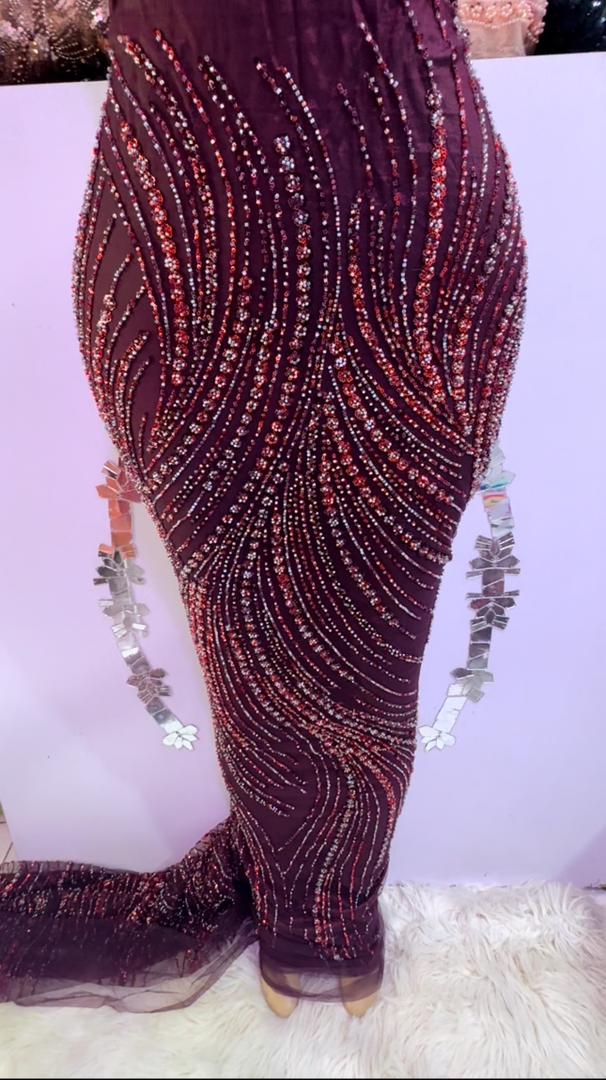 Imade Burgundy Swirl Embellished Lace Fabric – 5 Yards