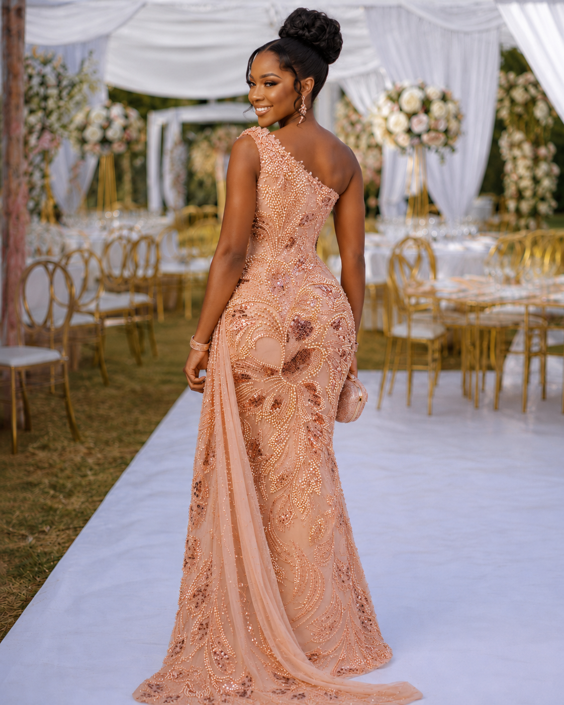 Temilola Blush Peach Pearl & Sequin Embellished Lace Fabric – 5 Yards