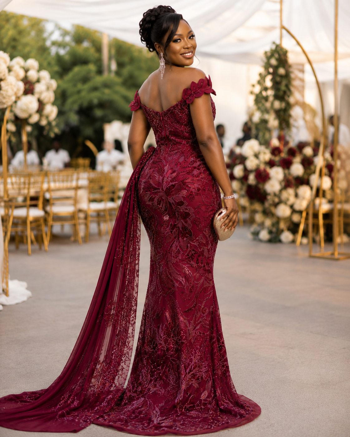 Temilola Burgundy Embellished Lace Fabric - 5 Yards