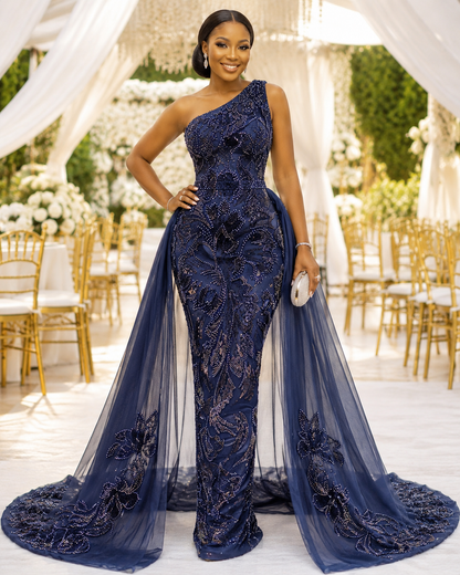 Temilola Navy Blue Embellished Lace Fabric – 5 Yards