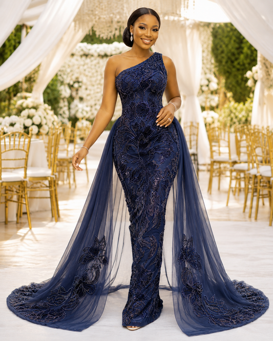 Temilola Navy Blue Embellished Lace Fabric – 5 Yards