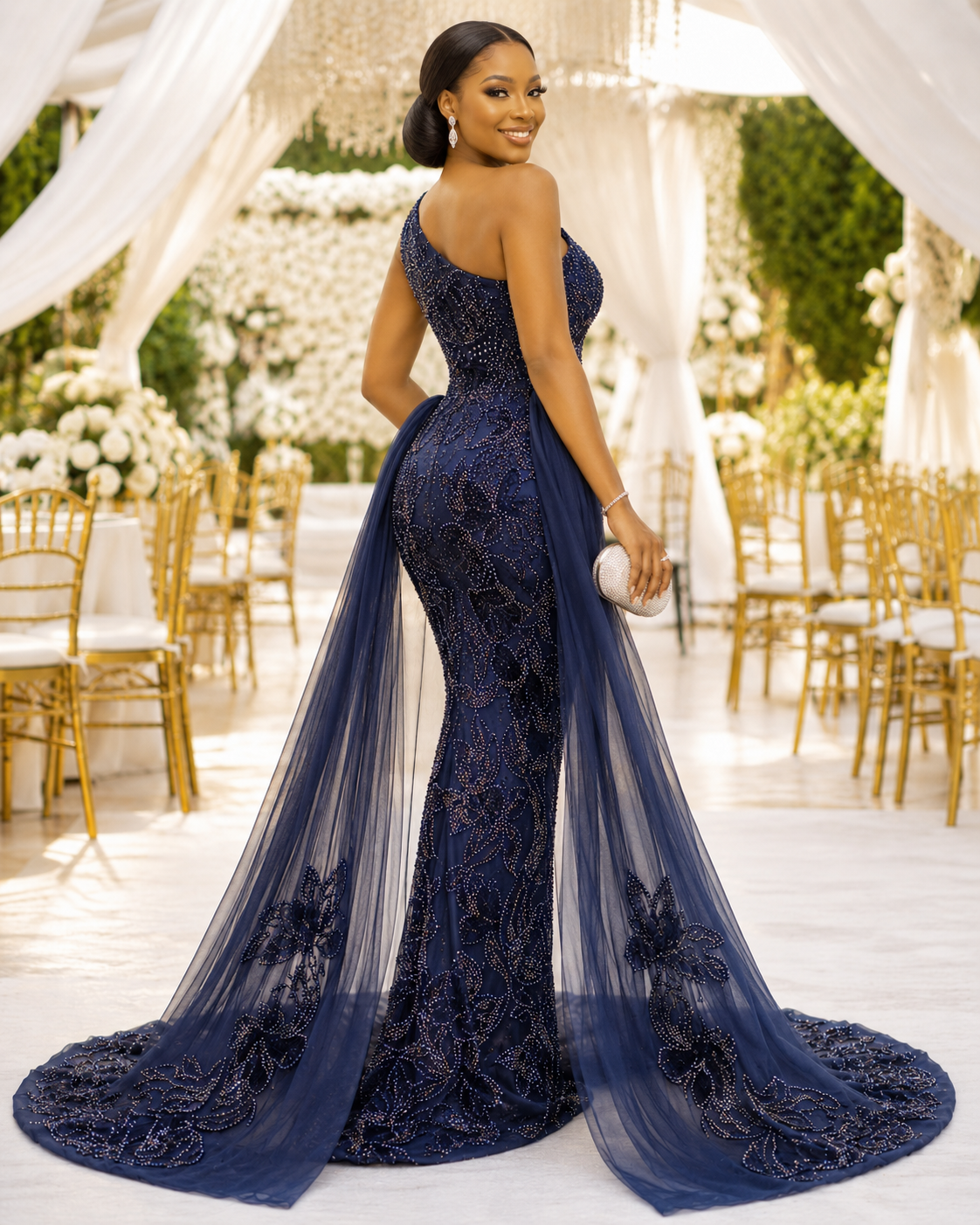 Temilola Navy Blue Embellished Lace Fabric – 5 Yards