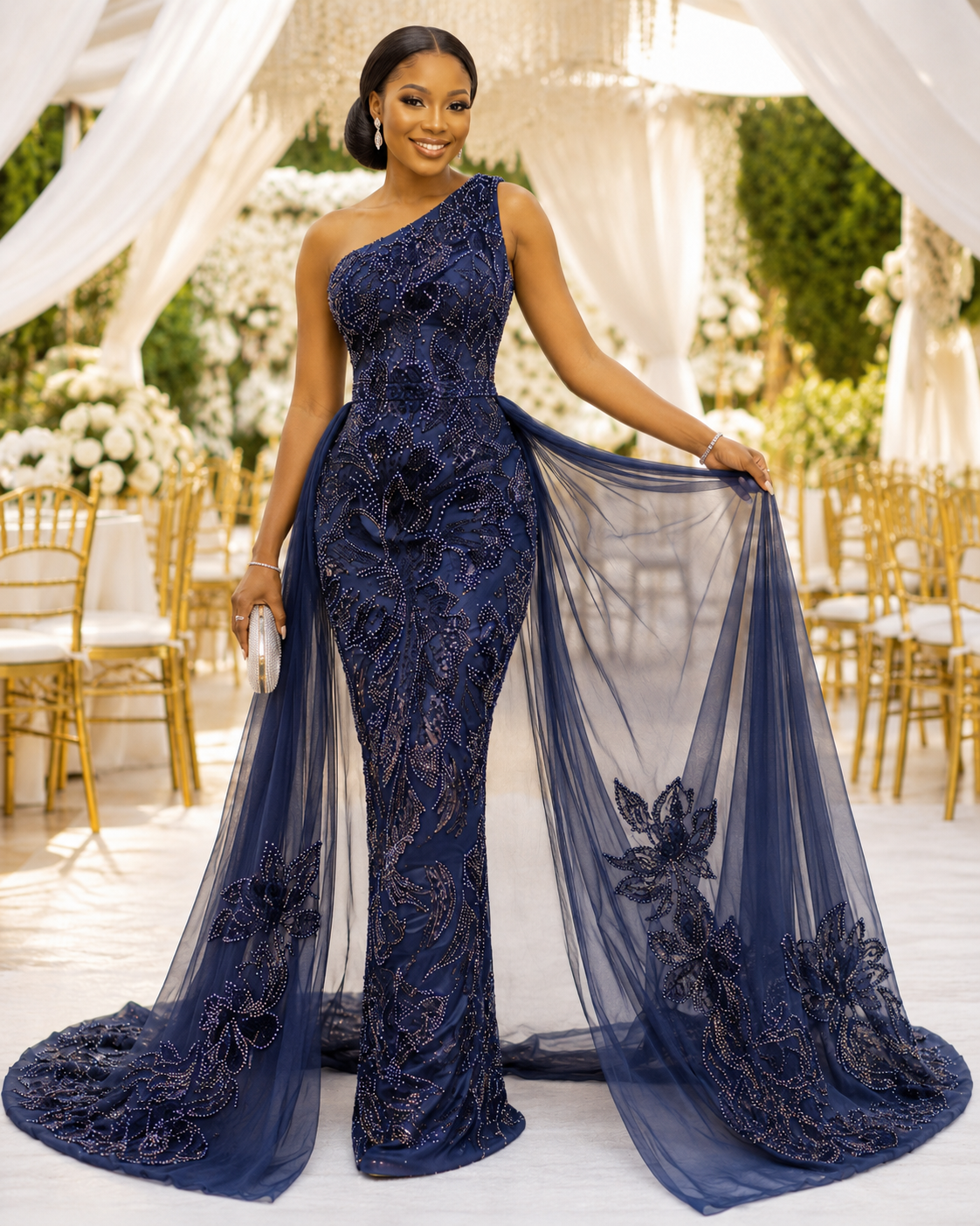 Temilola Navy Blue Embellished Lace Fabric – 5 Yards