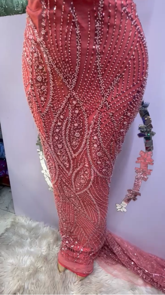 Oluwakemi Beaded Lace Fabric- Coral (5 Yards)