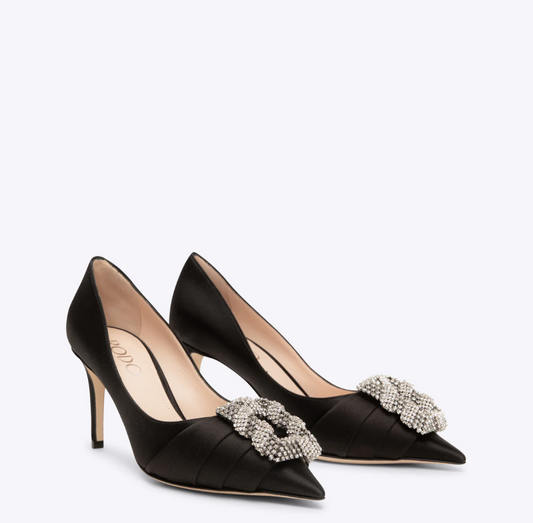 Rodo Black Satin Pumps with Jeweled Buckle