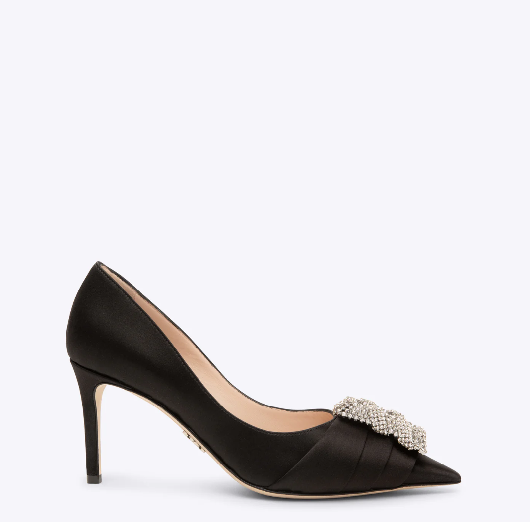 Rodo Black Satin Pumps with Jeweled Buckle