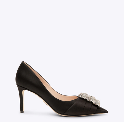 Rodo Black Satin Pumps with Jeweled Buckle