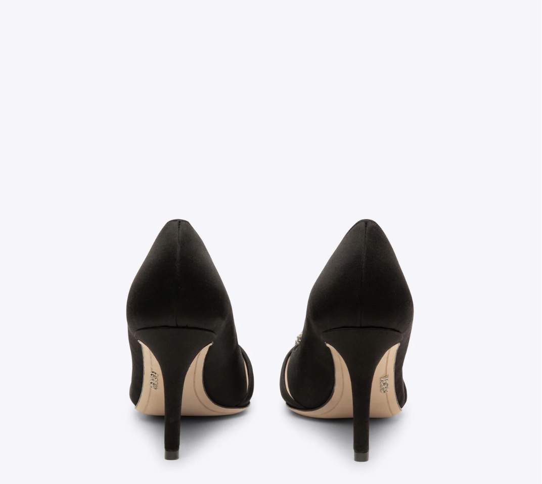 Rodo Black Satin Pumps with Jeweled Buckle