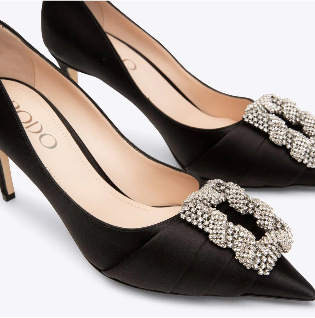 Rodo Black Satin Pumps with Jeweled Buckle