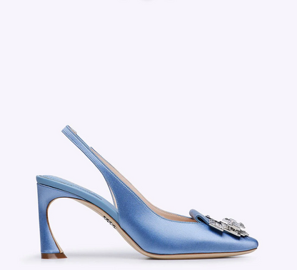 Rodo Blue Satin Slingback with Jeweled Buckle