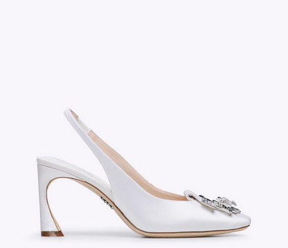 Rodo White Satin Slingback with Jeweled Buckle