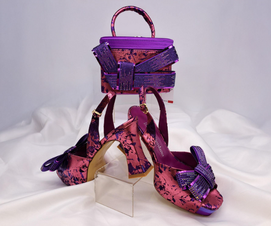 Purple floral high-heeled shoes with matching handbag for weddings
