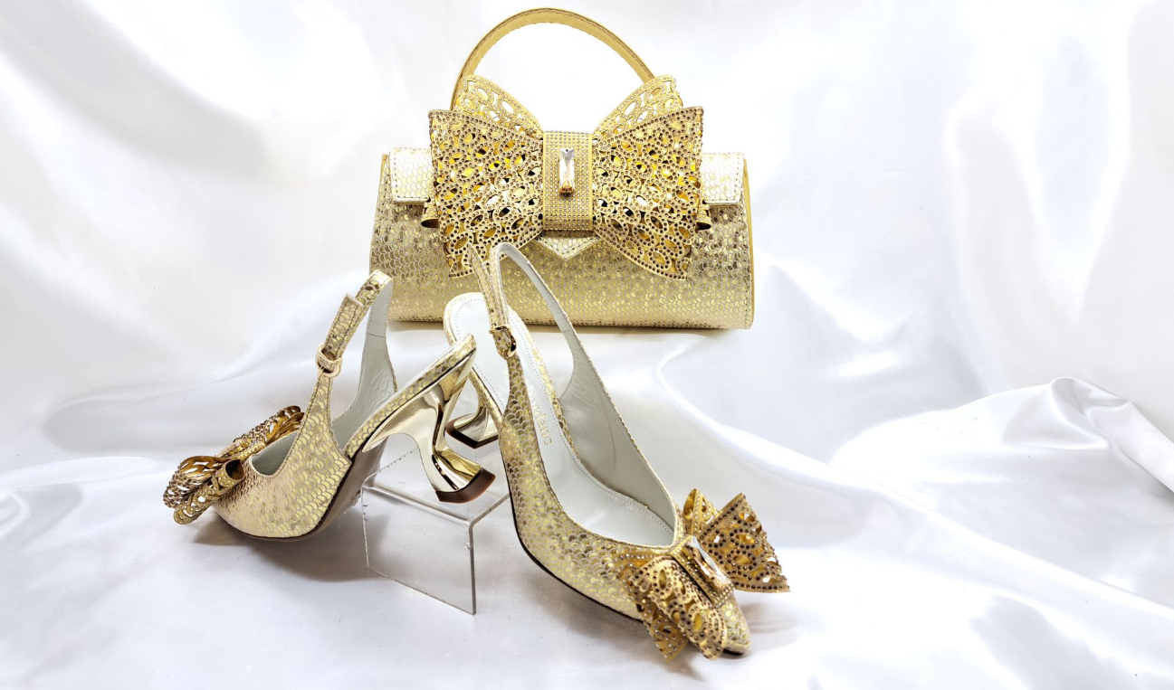 Nnena Golden Bow Luxe Shoe & Bag Set