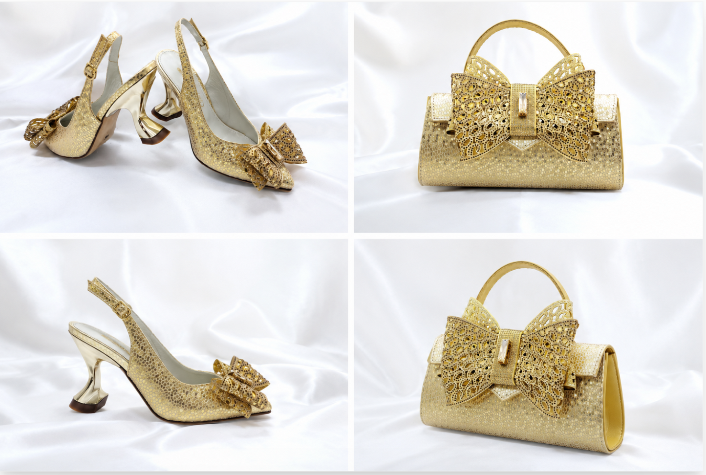 Nnena Golden Bow Luxe Shoe & Bag Set
