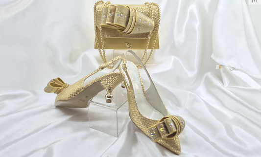 Abeke Gold Closed Toe Slingback Heels with Matching Handbag