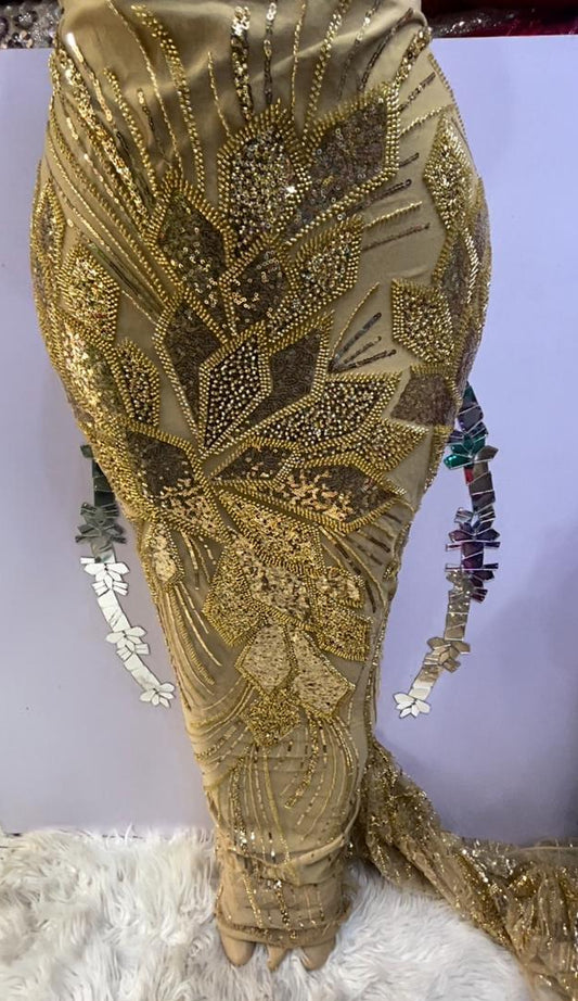 gold beaded african lace fabric for aso ebi wedding