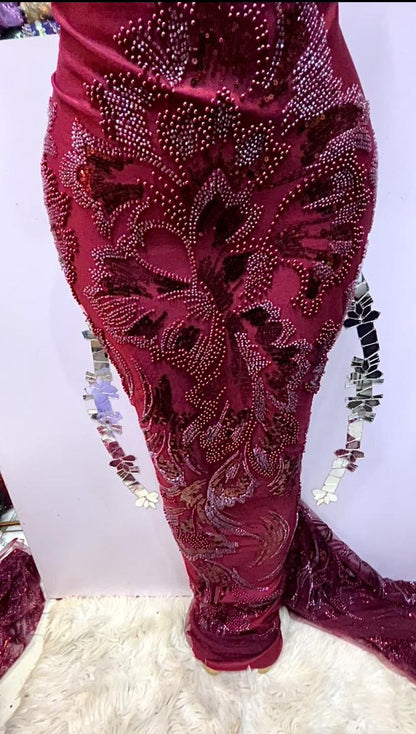 Temilola Burgundy Embellished Lace Fabric - 5 Yards