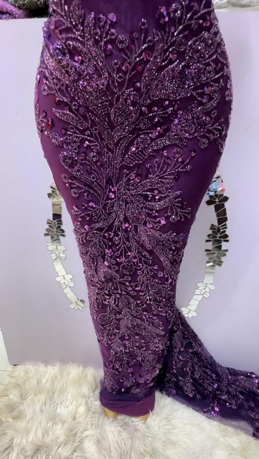 Plum Floral Beaded Lace - 5 Yards