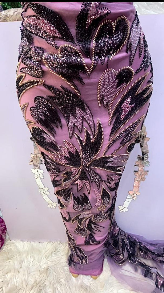 Baby Pink Black Multi Beaded Lace - 5 Yards