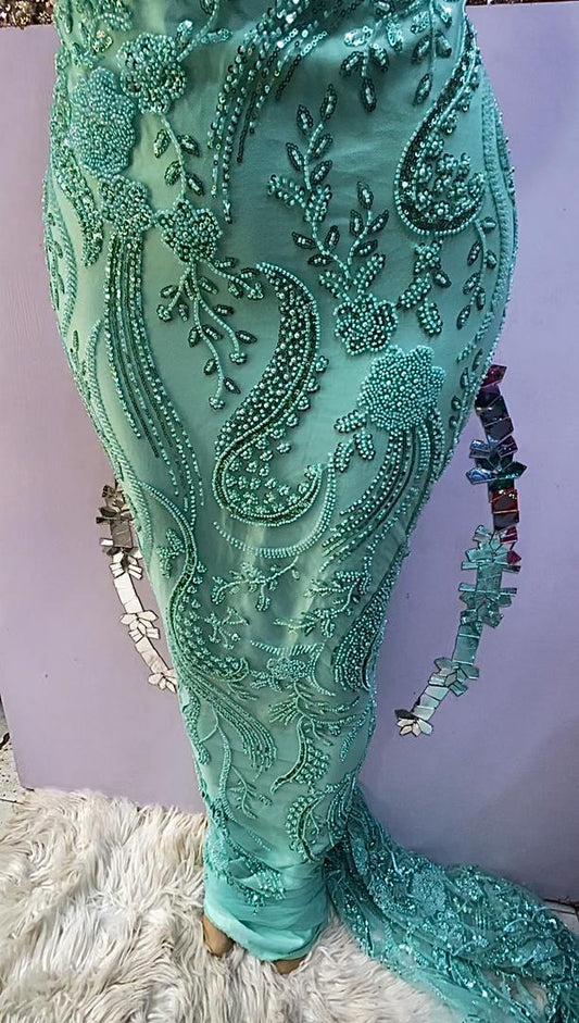 Aqua Bloom Beaded Lace, - 5 yards