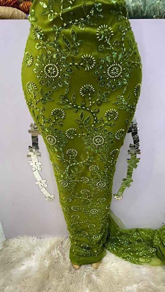 Emerald Green Floral Hand-Beaded Lace - 5 yards