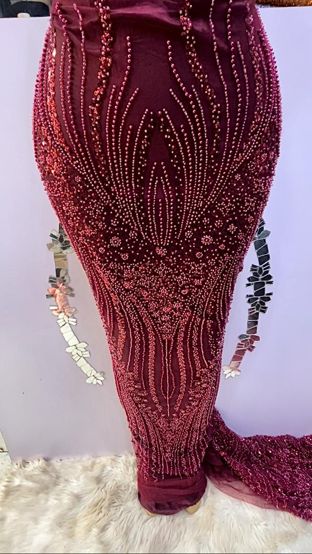Wine Hand Beaded Lace - 5 yards