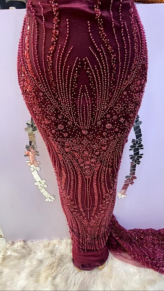 Wine Hand Beaded Lace - 5 yards