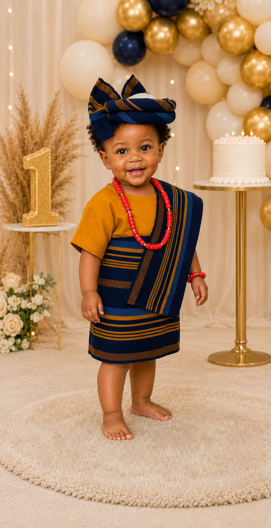 Girl wearing a mustard and navy blue Aso Oke outfit with a matching Yoruba headwrap and shoulder sash for a first birthday celebration