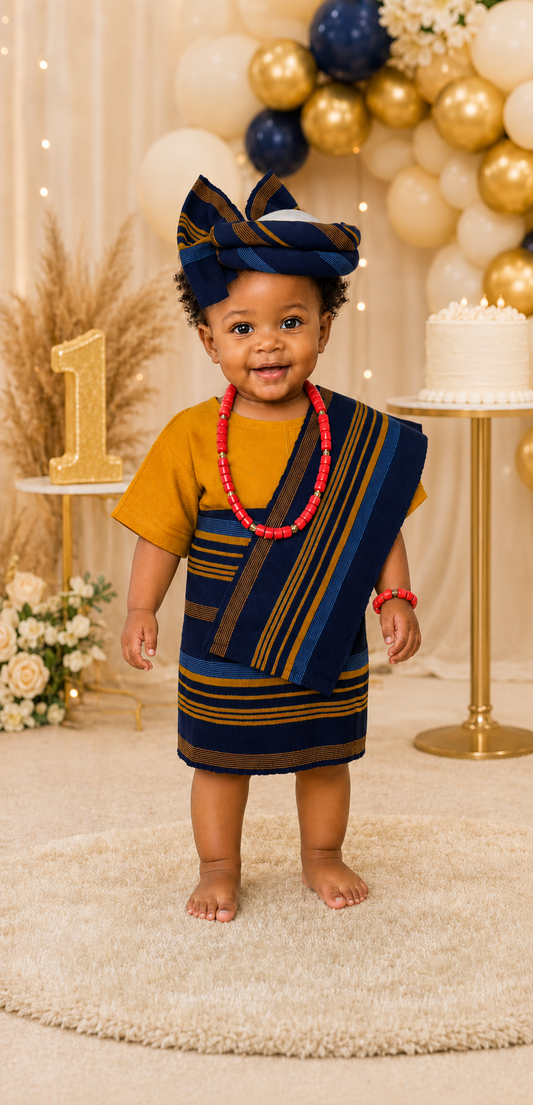 Girl wearing a mustard and navy blue Aso Oke dress with a matching Yoruba headwrap and shoulder sash for a first birthday celebration