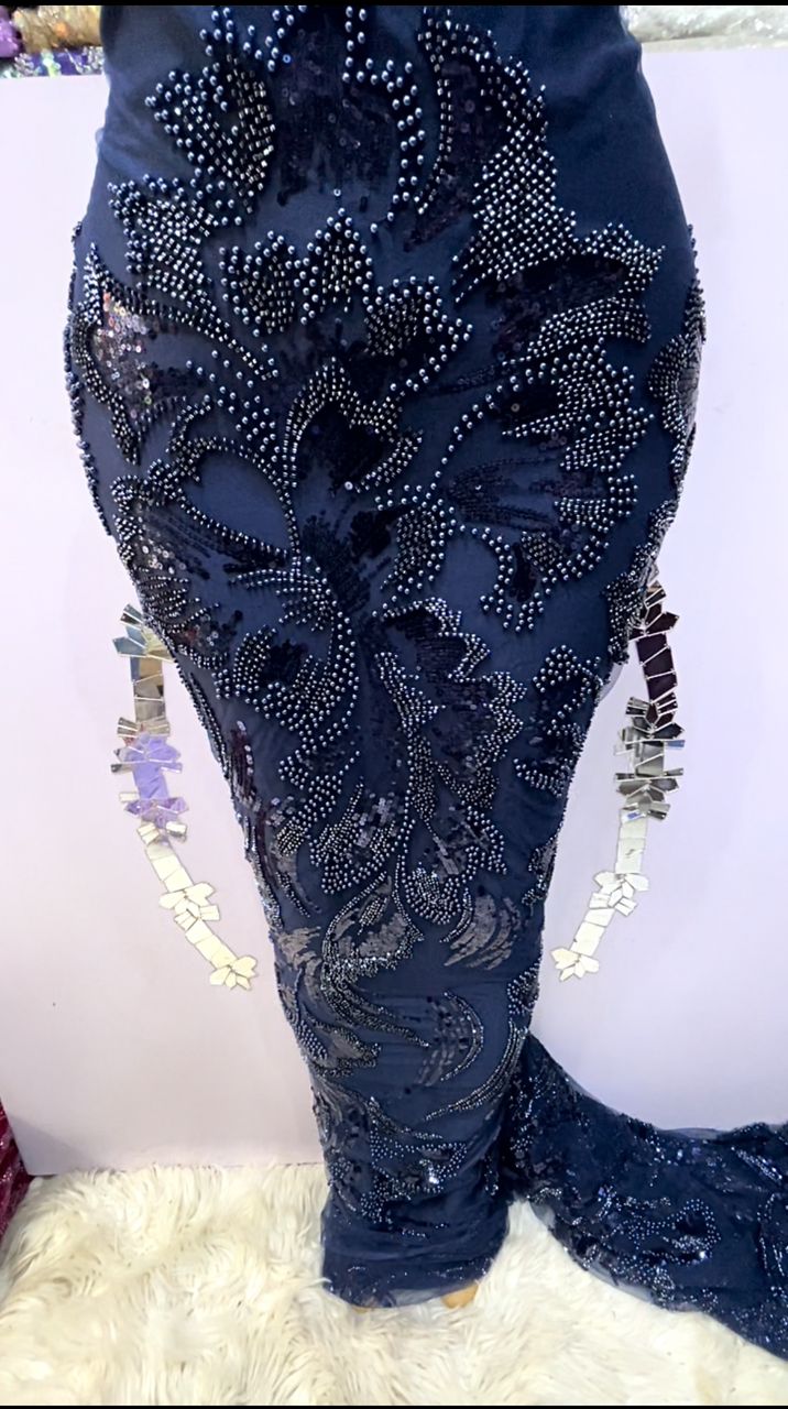 Temilola Navy Blue Embellished Lace Fabric – 5 Yards