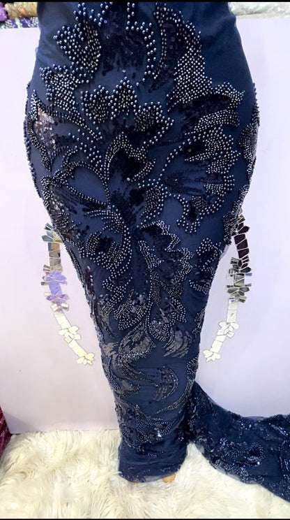 Temilola Navy Blue Embellished Lace Fabric – 5 Yards