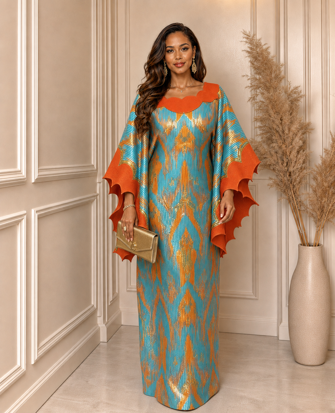 Teal and orange African boubou dress with abstract print, orange scalloped neckline, wide dramatic sleeves and full-length modest silhouette.