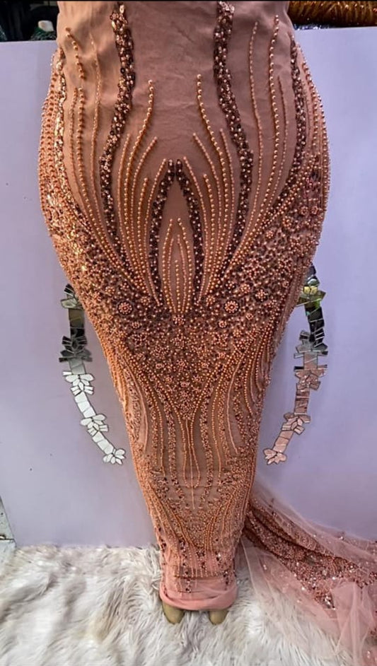 Peach Hand Beaded Lace - 5 yards