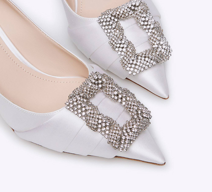 Rodo White Satin Pumps with Jeweled Buckle
