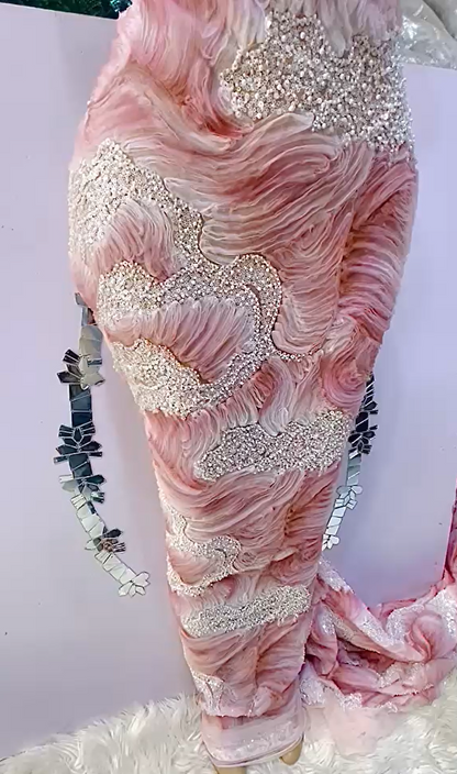 Ruffle Beaded Lace Fabric- Rose Pink (5 Yards)